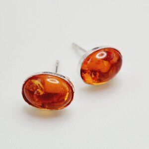 Oval Amber Minimalist Petite Dainty 925 Silver Stud Earrings